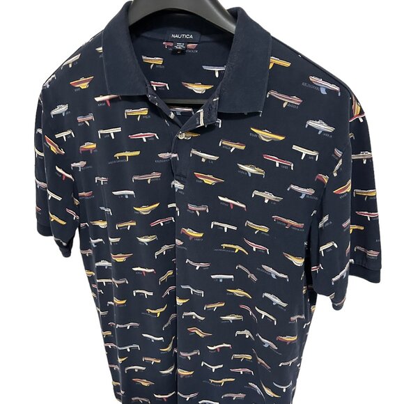 Vintage Nautica Polo Shirt Mens XXL Boats All Over Print Dark Blue Boating - Picture 2 of 7